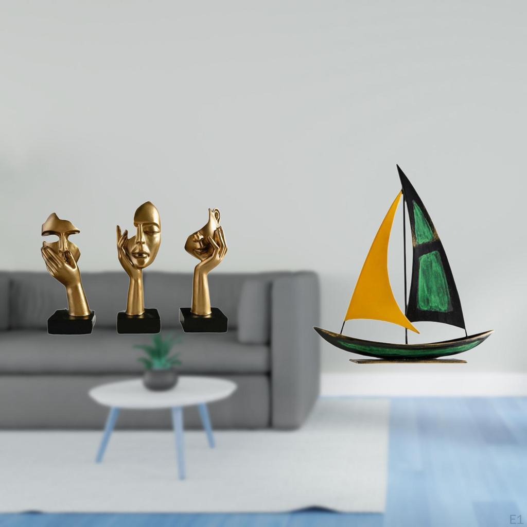 Resin Thinker Statues And Iron Sailboat Sculpture Abstract Art Tabletop Decorations for Office Desk