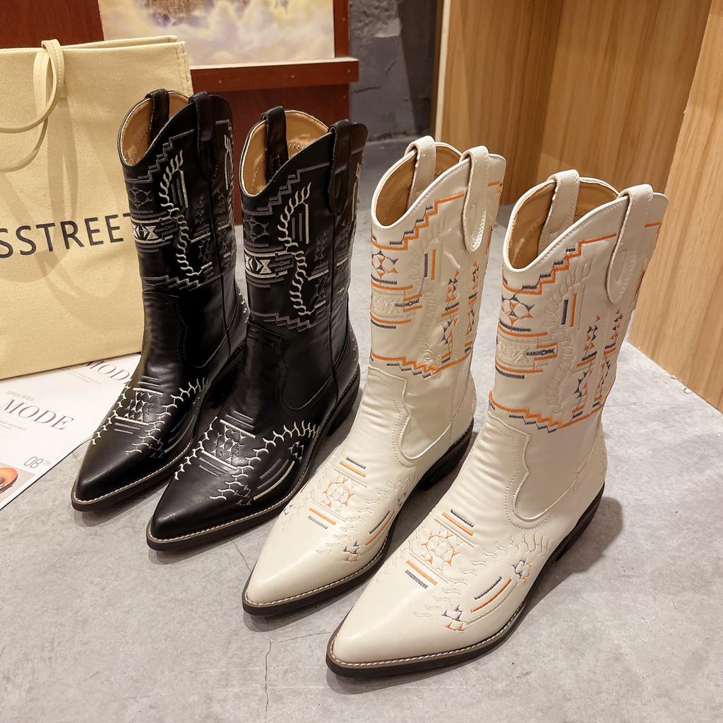 Women's Boots Retro Autumn Winter White Mid Calf Boots Big Size 42 Women Comfy Walking Female Western Cowboy Boot Women's Shoes