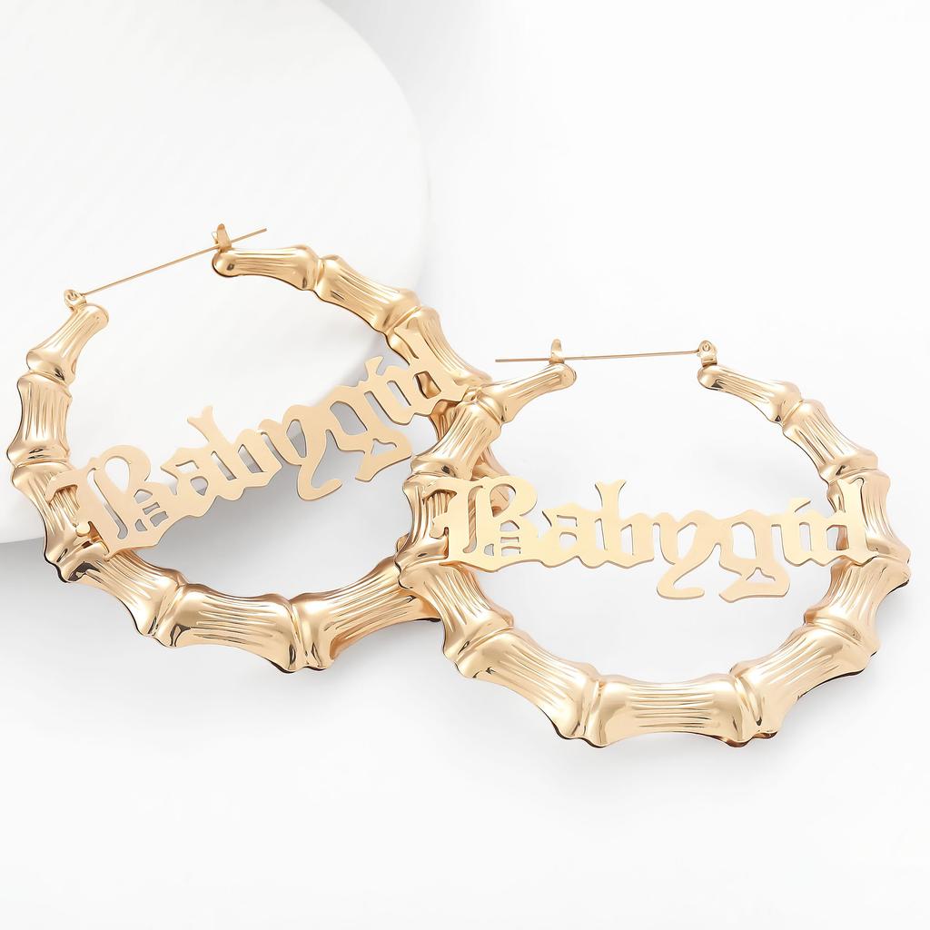 Earrings, Personalized Exaggerated Earrings, Letter Bamboo Earrings, Gold Round Earrings.