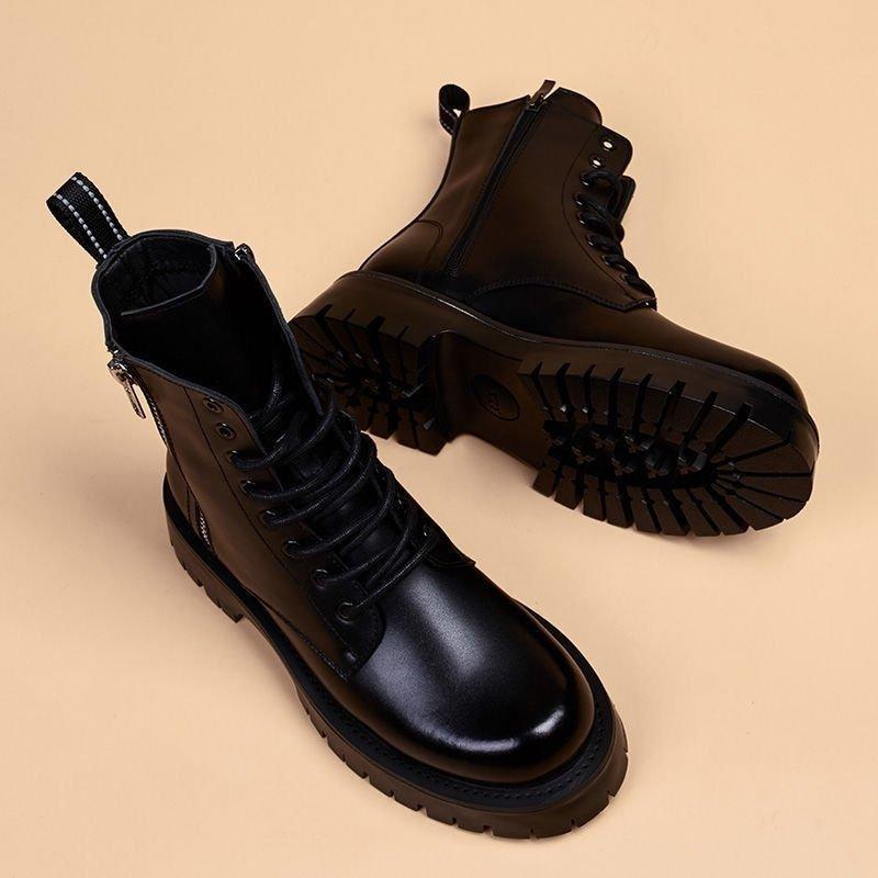 Cool handsome Martin boots women's Korean version tooling boots British high-top thick-bottomed trendy soft leather boots black versatile leather