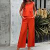 Terno feminino casual de verão com cor sólida e calça de perna larga