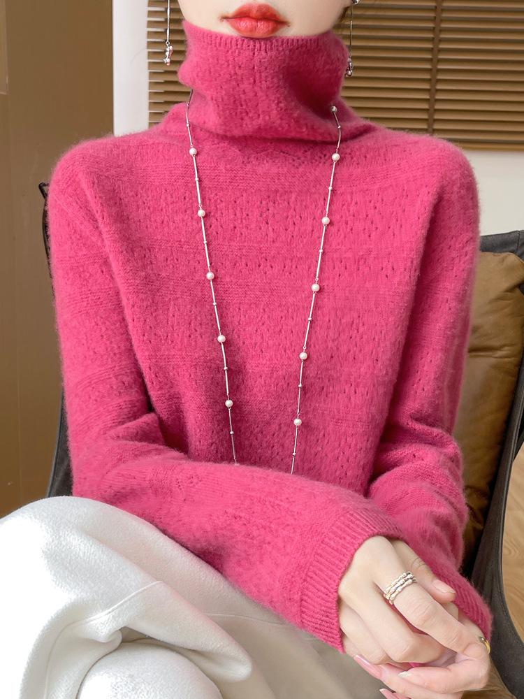 Women's Pure Wool Mock Neck Sweater - Seamless Hollow Knitwear for Autumn/Winter