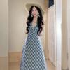 Lined #summer Blue Plaid Neck Dress Women's Seaside Vacation Style Waist Bow Sleeveless Dress