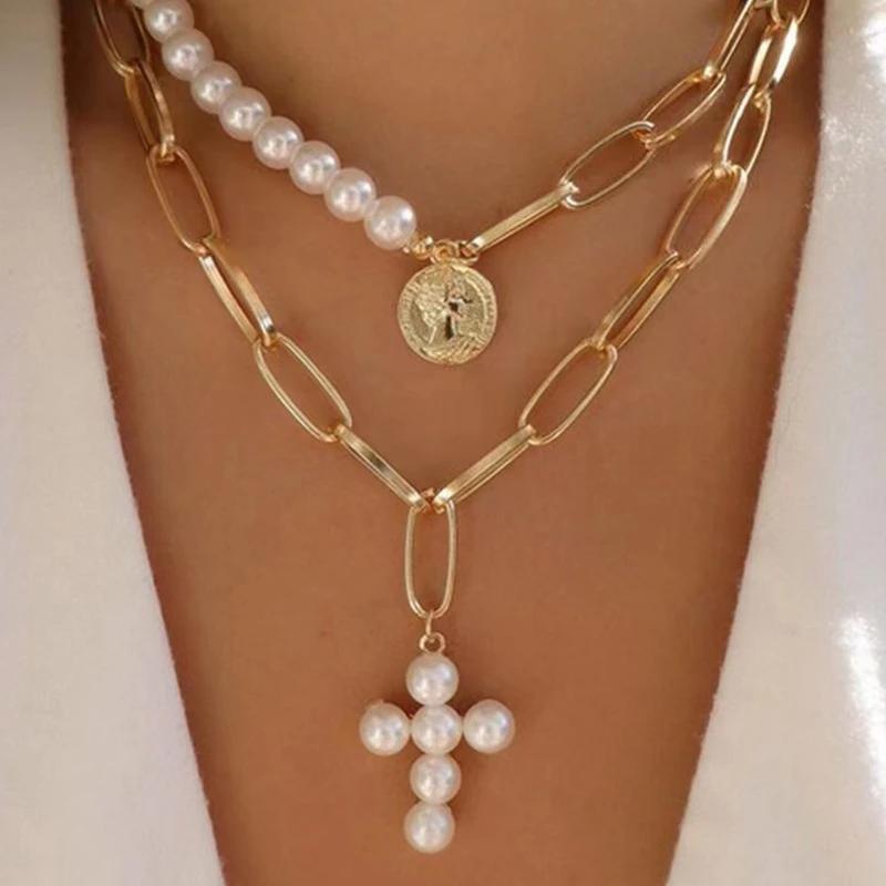 Vintage Geometryczny Wisiorek Naszyjnik dla Kobiet Szczęśliwe Złe Oczy Dłoń Krzyż Perła Cyrkon Wielowarstwowy Metalowy Łańcuszek Choker Biżuteria