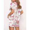 Women’s 2 Piece Lounge Set Pajamas Short Sleeve Lapel Cute Bow Print Button Up Shirt Tops + Loose Shorts Set for Sleepwear