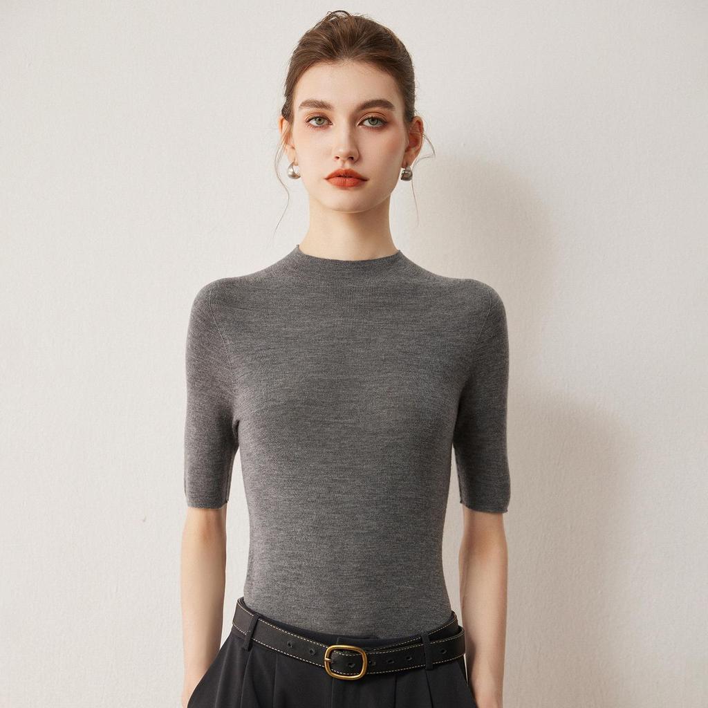 Women's 100% Merino Wool Slim Fit Sweater, 60 Count, Half-High Neck, Elegant Style, Thin Base Layer, Short Knitwear
