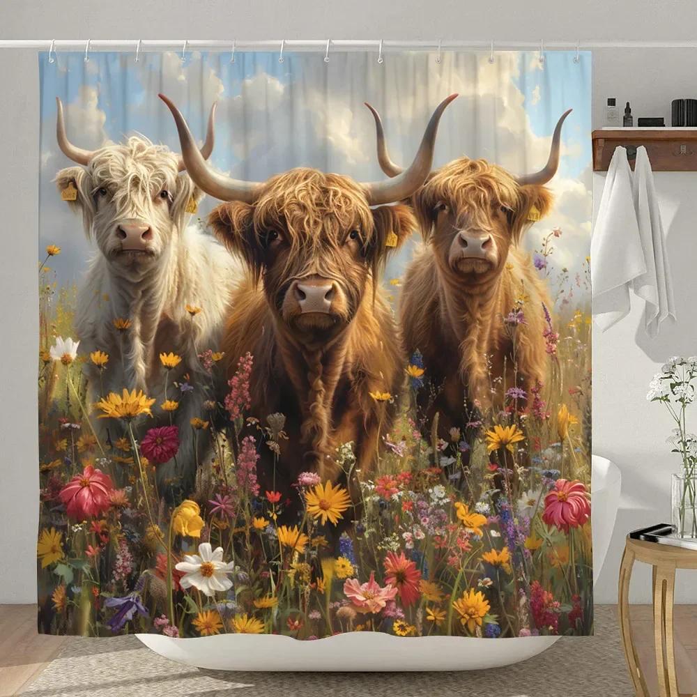Lustiger Highland-Kuh Duschvorhang Rustikaler Landhausstil Kuh Cartoon Tier Kinder Badevorhang Polyesterstoff Heim Badezimmer Dekor