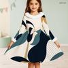 Girls High Neck Long Sleeve Printed A Line Flared Dress Faux Fur Trim Bow Decor