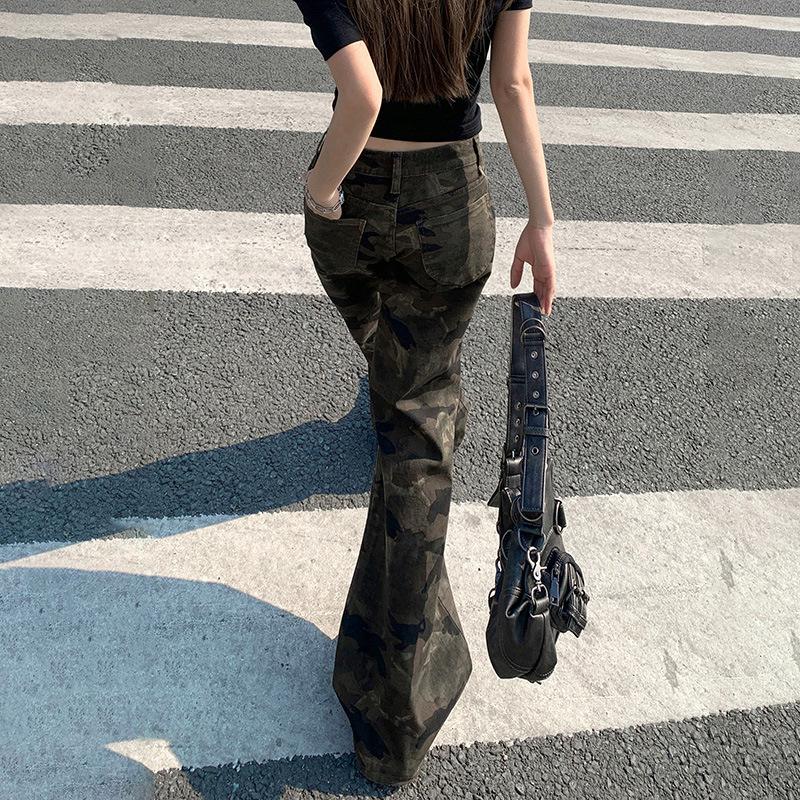 American Spice Girl low-rise camouflage micro-pull jeans women's spring and autumn new slim-fitting wide-leg thin flared pants