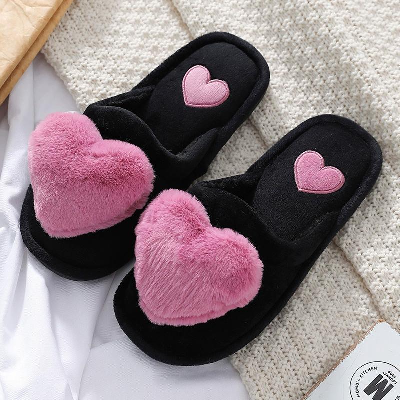 1Pair Platform Shoes Non-slip Thick Sole Warm Plush Winter Heart Shaped New Home Floor Slides Cute Cotton Slippers 36-37