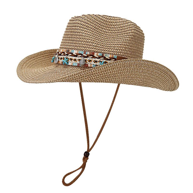 Boho-Chic Handcrafted Straw Cowboy Hat with Blue Accents - Breathable, Lightweight & Stylish for Women