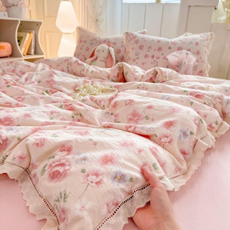 2026 New Hollow Lace Wrinkled Cotton Four-piece Set Household Student Dormitory Three-piece Set Bed Sheet Quilt Cover