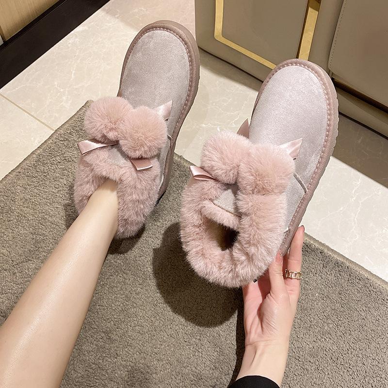 Women's Cute Fur Ball Fashion Lightweight Heightening Thick Sole Winter Warm Fur One Snow Boots Plush Lining Non-slip Casual Sports Cotton Boots