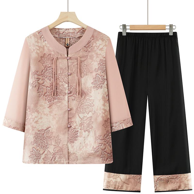 

Plus Size Women s Maternity Summer Two-Piece Set: Three-Quarter Sleeve Chiffon Shirt & Nine-Point Pants for Elderly. XL (90-105 jin) рожевий