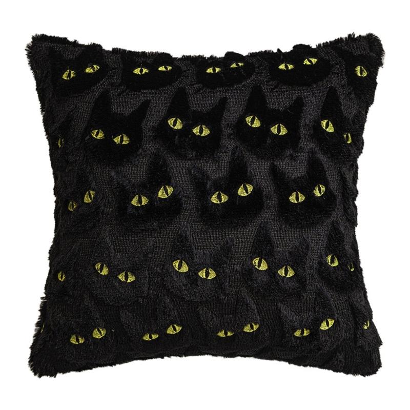 

Halloween Themed Plush Pillowcase Soft Faux Furs Black Cats Tufted Cushion Cover Artistic Decors For Holiday Parties 450*450mm