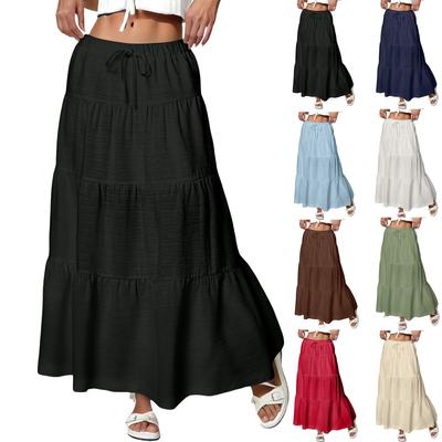 Jupe longue décontractée à volants pour femme, couleur unie, style rétro plissé