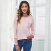 Ladies Autumn Winter Long Sleeve O Neck Striped Loose Pullover T Shirt Top with Pocket