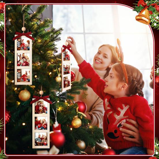 Christmas Photo Frame Ornament Wooden Hanging Decoration with 6 Photo Frames Photo Strip Frame with Hanging Loop for Xmas Tree Decor