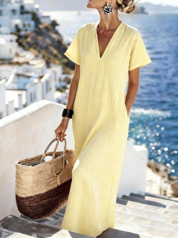 Damen Freizeit Urlaubs V-Ausschnitt Kurzarm Einfarbig Locker Maxikleid