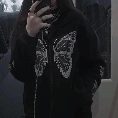2024 Autumn and Winter Cross-border New European and American Women's Clothing Y2K Oversized Rhinestone Butterfly Loose Zipper Hoodie Sweater Women