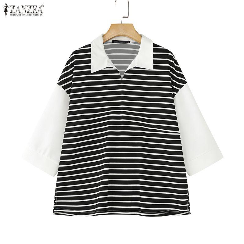 ZANZEA Women Turn Down Collar Casual Stripe Splice 3/4 Sleeve T-shirts Blouse