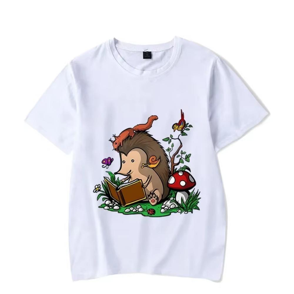 New Trendy Men T-shirt Hedgehog Reading Book Funny Men Oversized T-shirts Short Sleeve Tops Black Brand Tee Summer Fashion Shirt