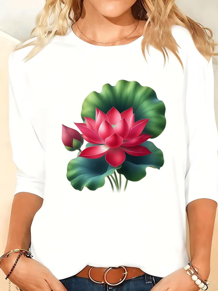 

(Asian Size) feather lovely Print autumn winter spring Women Female Clothing Casual Tee o-neck Long Sleeve T Shirt Fashion Top Graphic T-shirts S