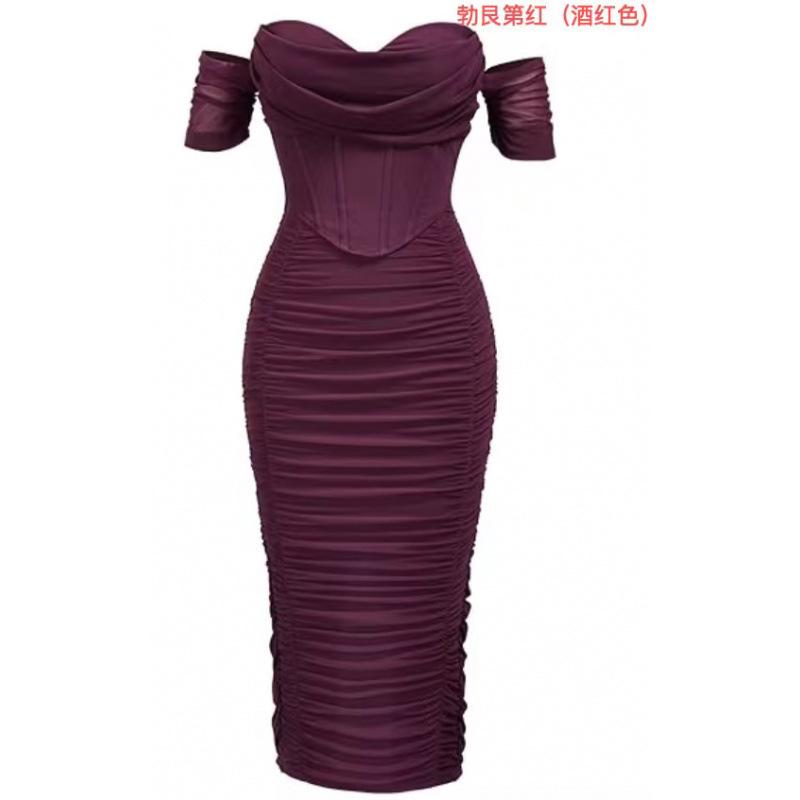 Spot new off-shoulder corset pleated medium and long dress