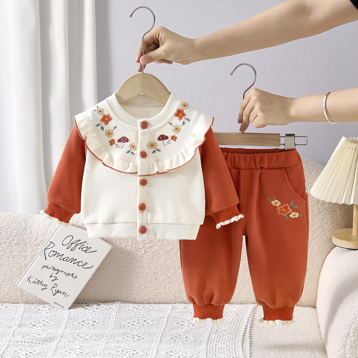 

2025 Autumn Baby Girl Knitted Sweater & Long Pants Set with Floral Embroidery 110 cm оранжевый