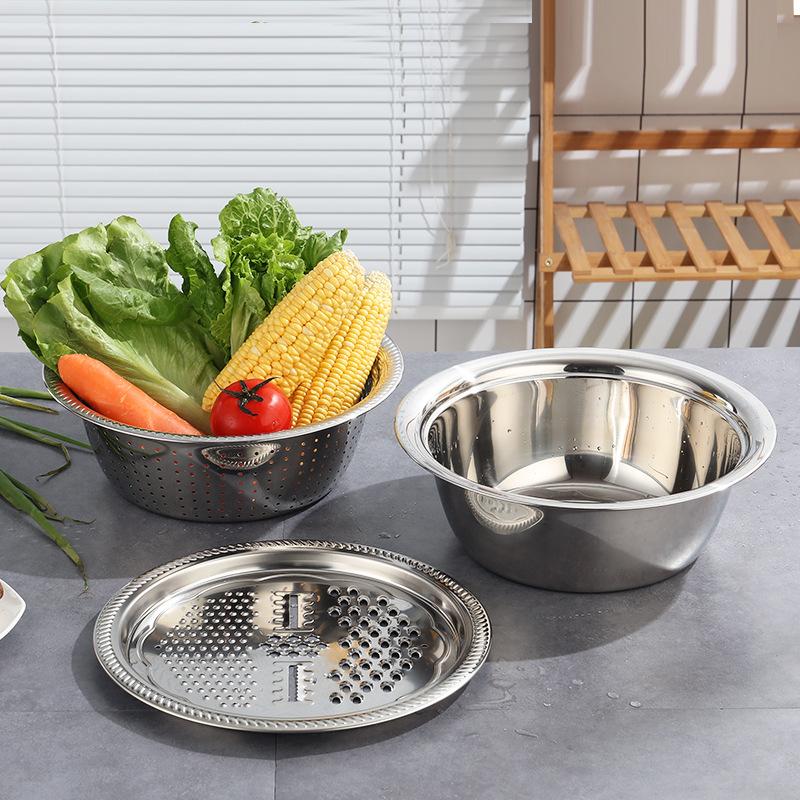 Premium Stainless Steel Kitchen Combo - 3-Piece Set with Slicing Basin, Draining Basket & Multi-Functional Strainer Bowl