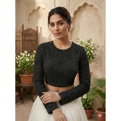Beautiful Black Embroidery Readymade Blouse Indian Women's Full Sleeves Choli