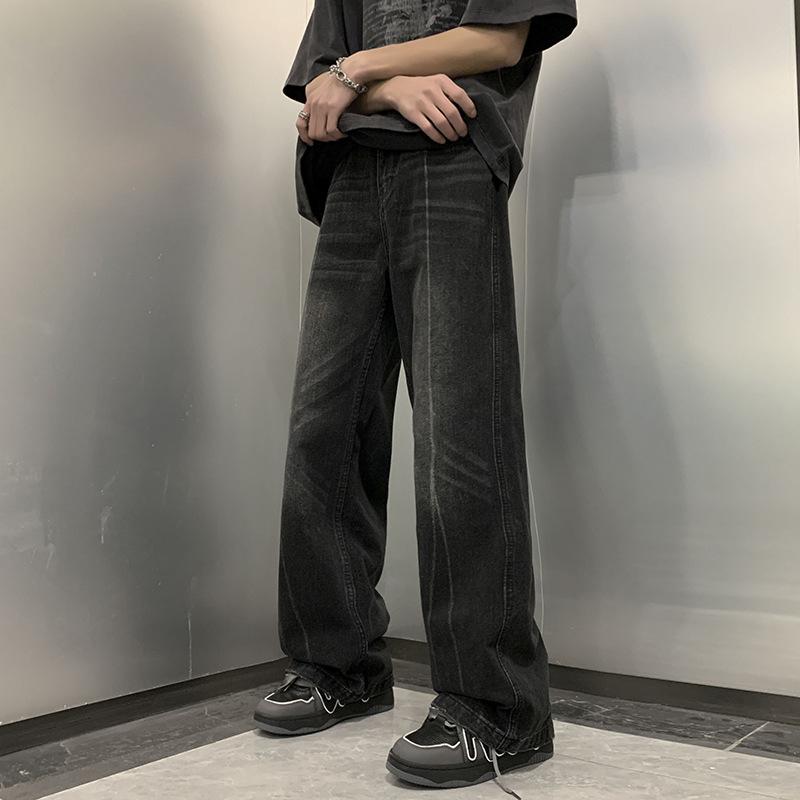 

Men s Vintage Washed Straight Leg Wide Leg Jeans With Stitched Detail S чёрный