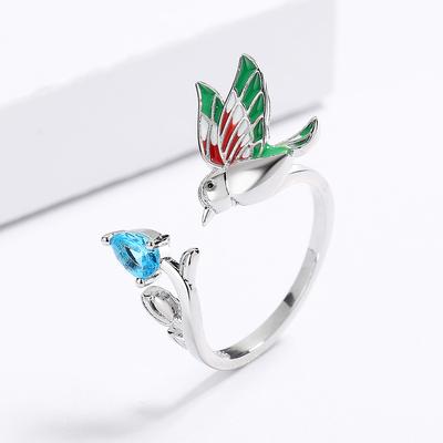 Personalità unico e creativo anello per uccelli per le donne squisito smalto fatto a mano a forma di colibrì anello con zirconi blu anello regolabile con apertura per gioielli da festa
