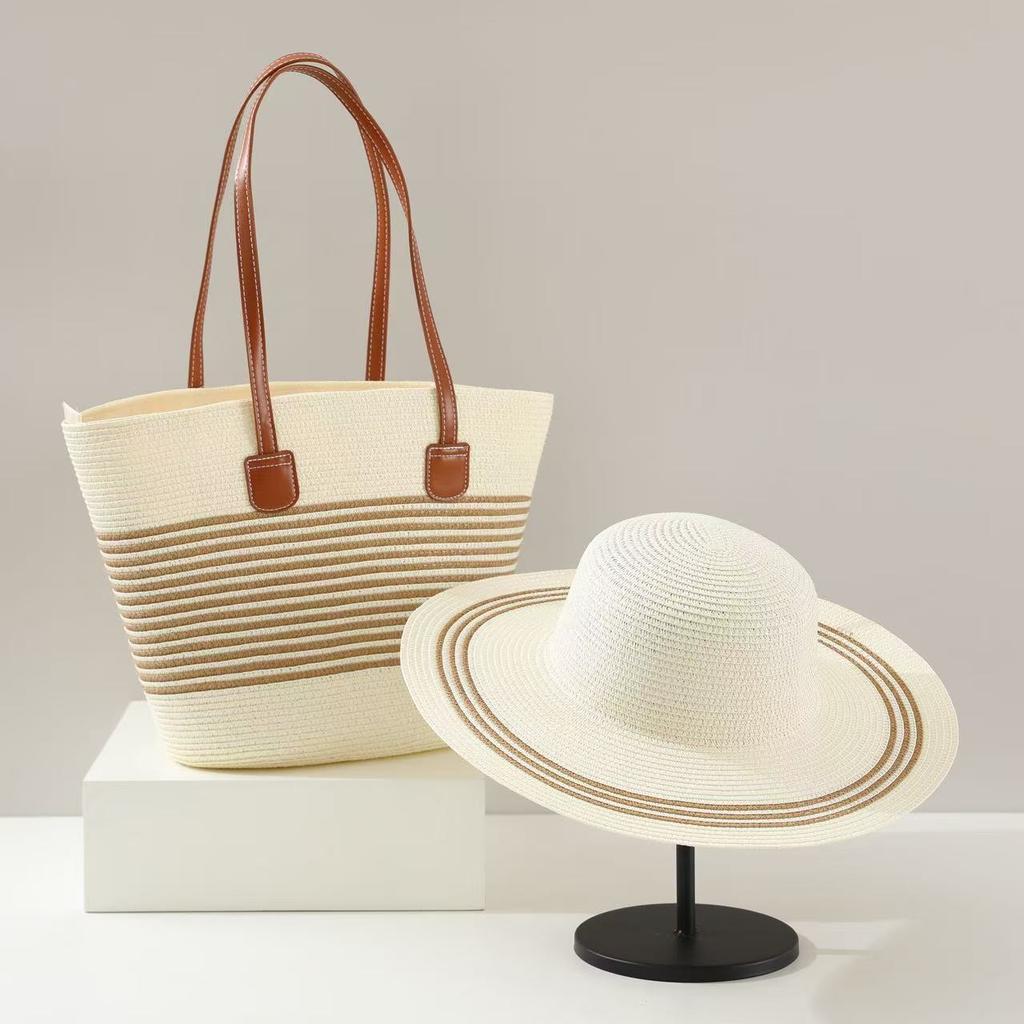 1 Conjunto Chapéu de Sol Estilo Boêmio Feminino + 1 Bolsa de Ombro, Estilo Férias, Chapéu de Palha de Ombro Bolsa Tote de Praia para Viagem de Verão Férias