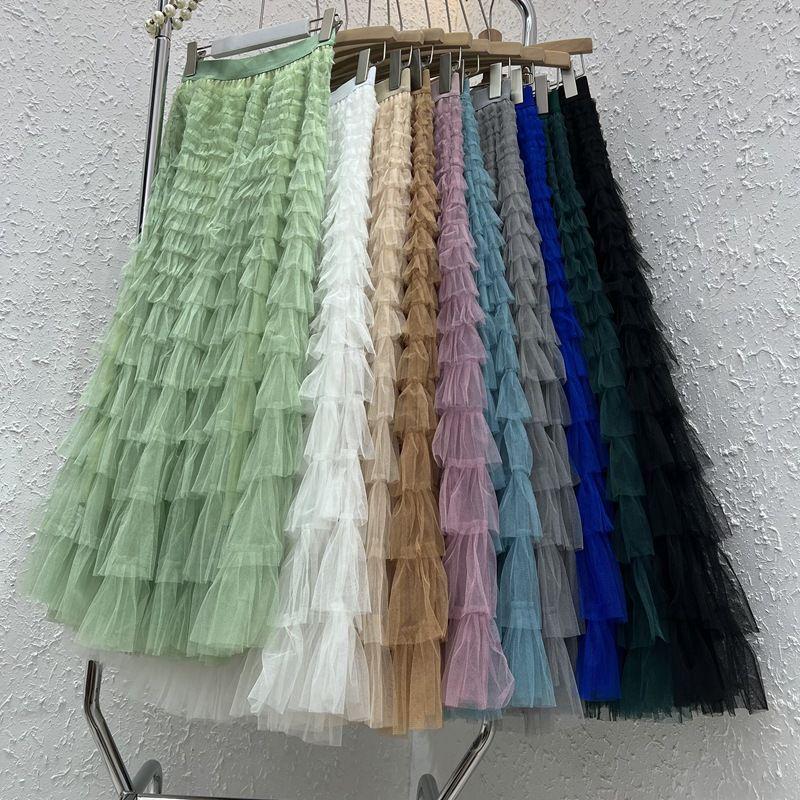 Women's Mesh Ruffle Midi Skirt - New Style Socialite Slimming Cake Skirt