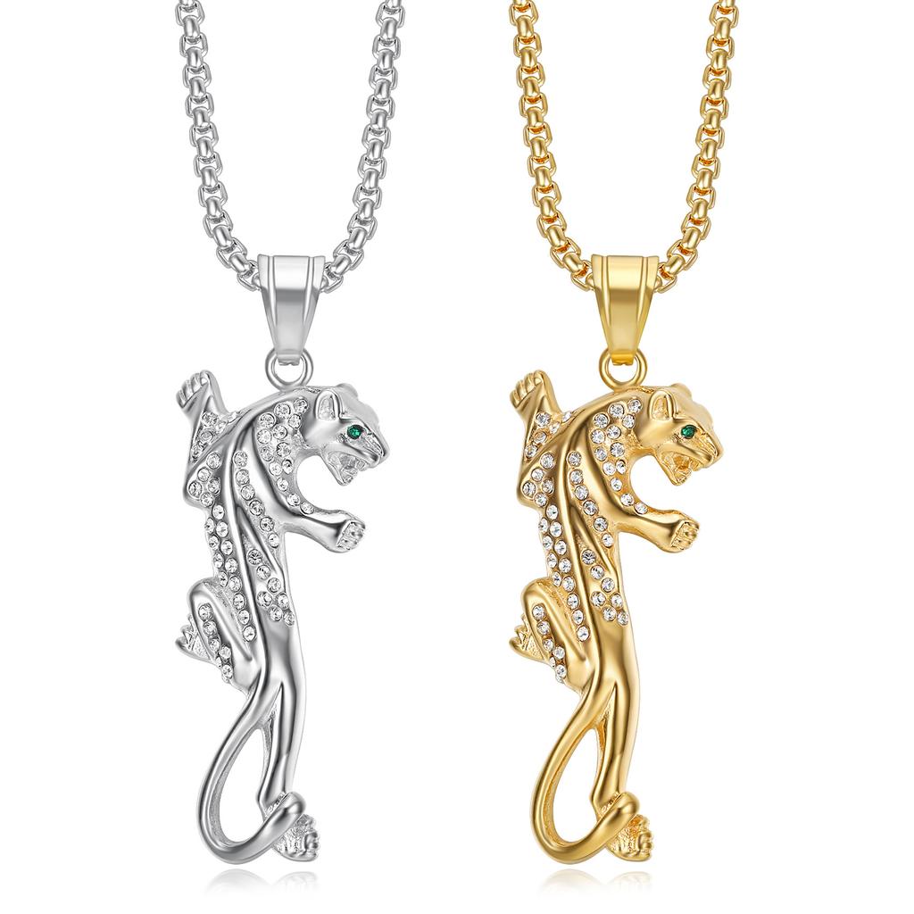 European and American Hip-hop Jewelry, Gold-plated Diamond-encrusted Leopard Head Pendant Necklace