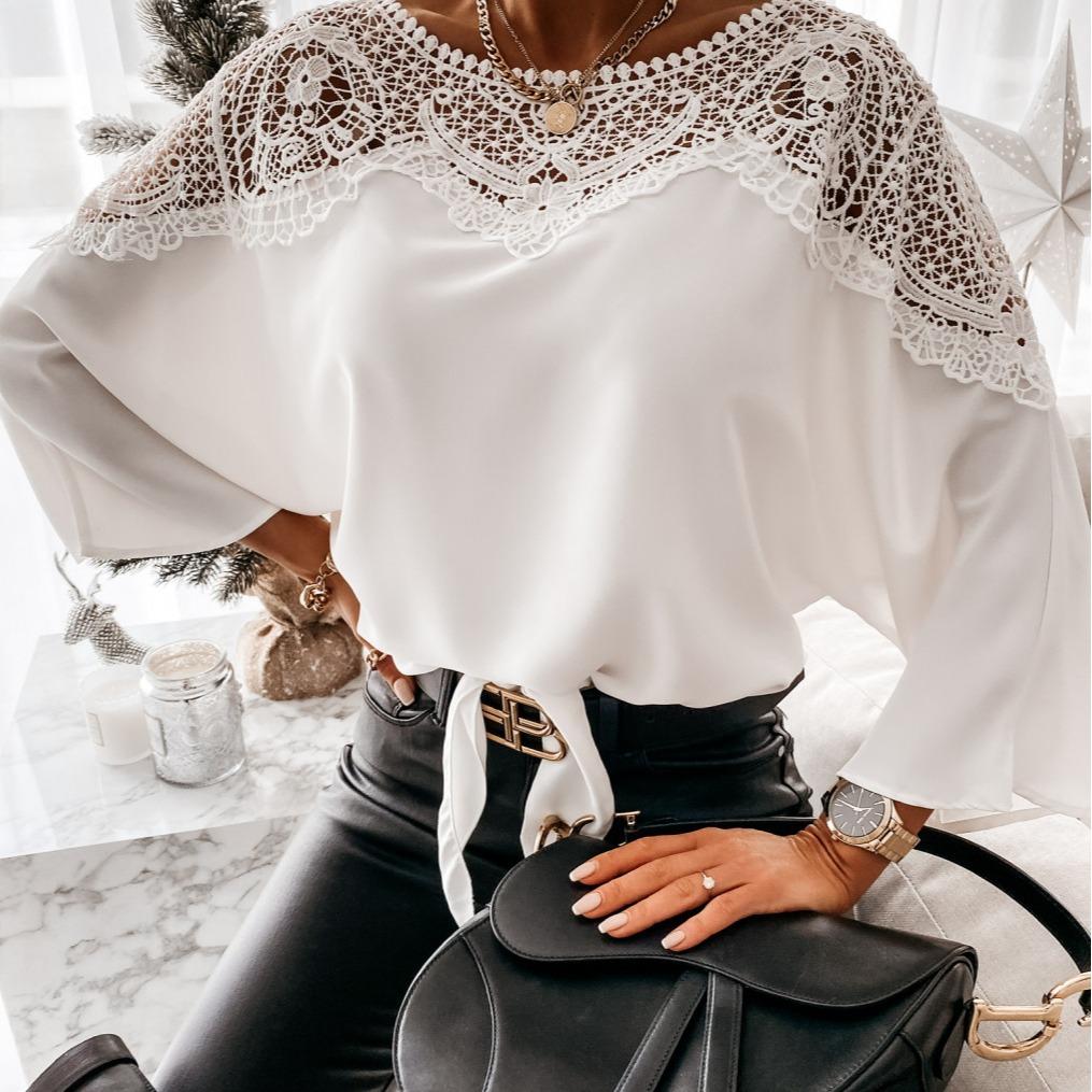 Women Loose Fit Solid Color Long Sleeve Lace Trim Plus Size Shirt