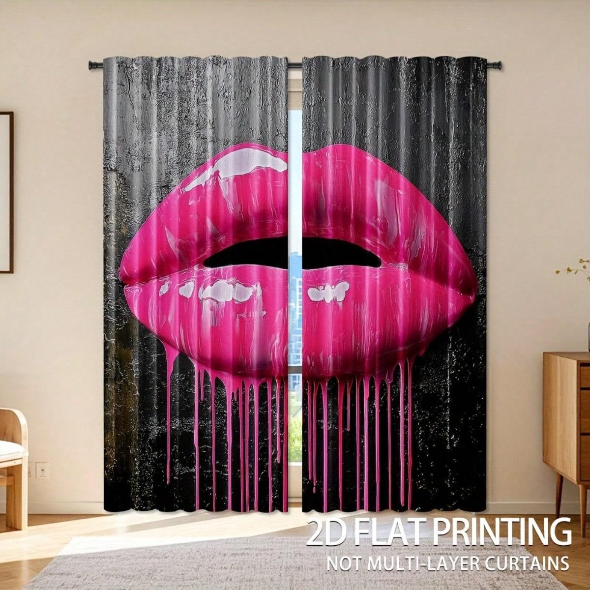 Set Of 2, Pink Lips Art Print Curta Made Of Polyester, Suitable For Decorating Bedrooms, Living Rooms, Offices, Kitchens 53x116cm 2pc21x46in