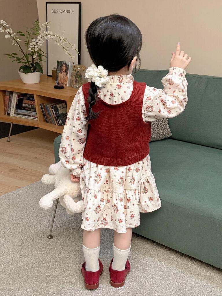 2025 Autumn Floral Dress & Sweater Vest Set for Girls – Fashionable Princess Outfit