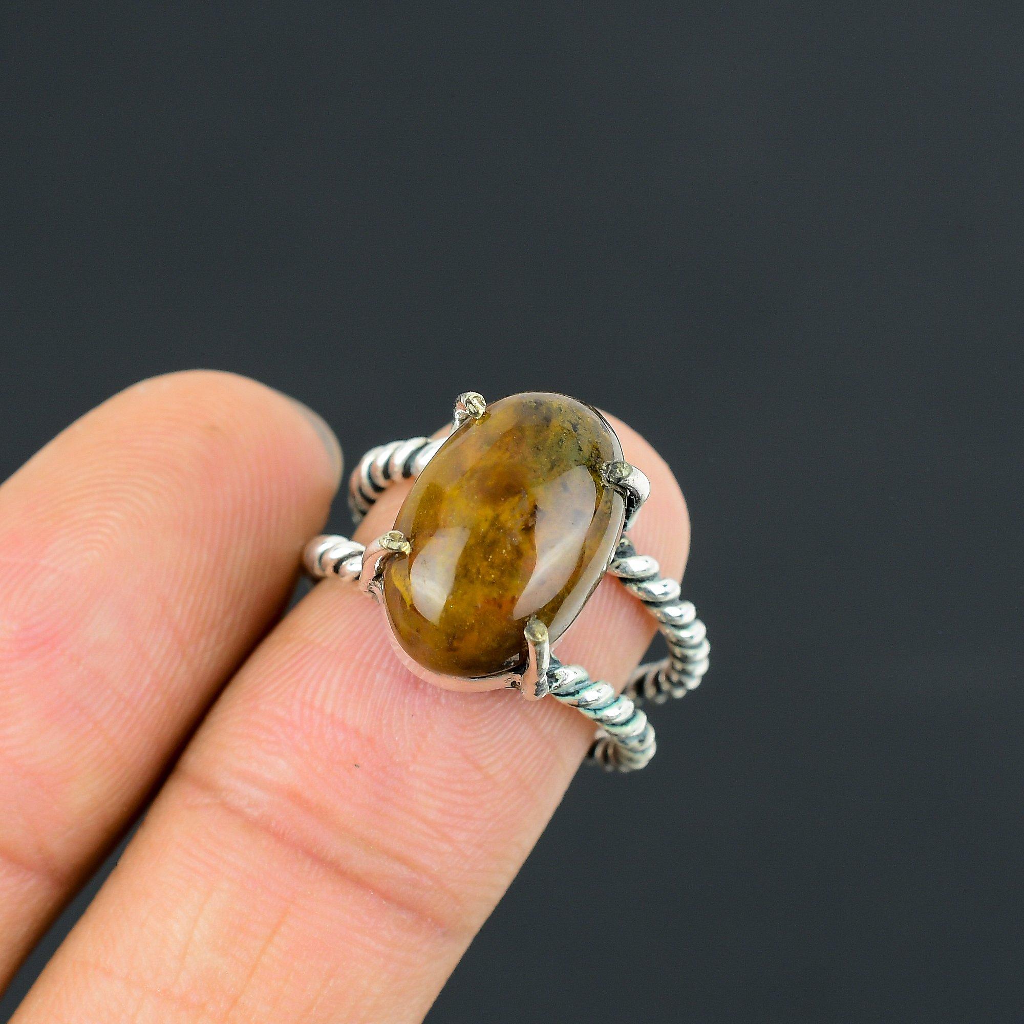 925 Sterling Silver Plume Agate Gemstone Solitaire Birthday Ring Jewelry US 8 8