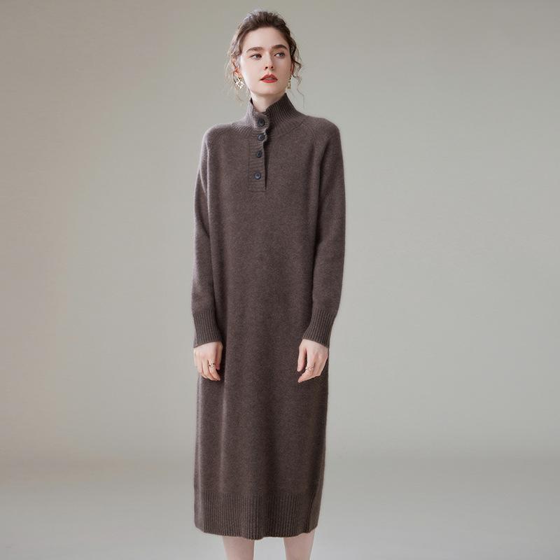 Women's High-Neck Cashmere Knit Dress - Button-Up, Knee-Length, Thick for Autumn/Winter