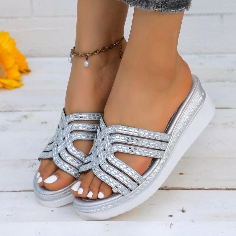 Women's Large Size Spring and Summer New Fashion Rhinestone High Heel Wedge Sandals Women's Muffin Platform Slipper