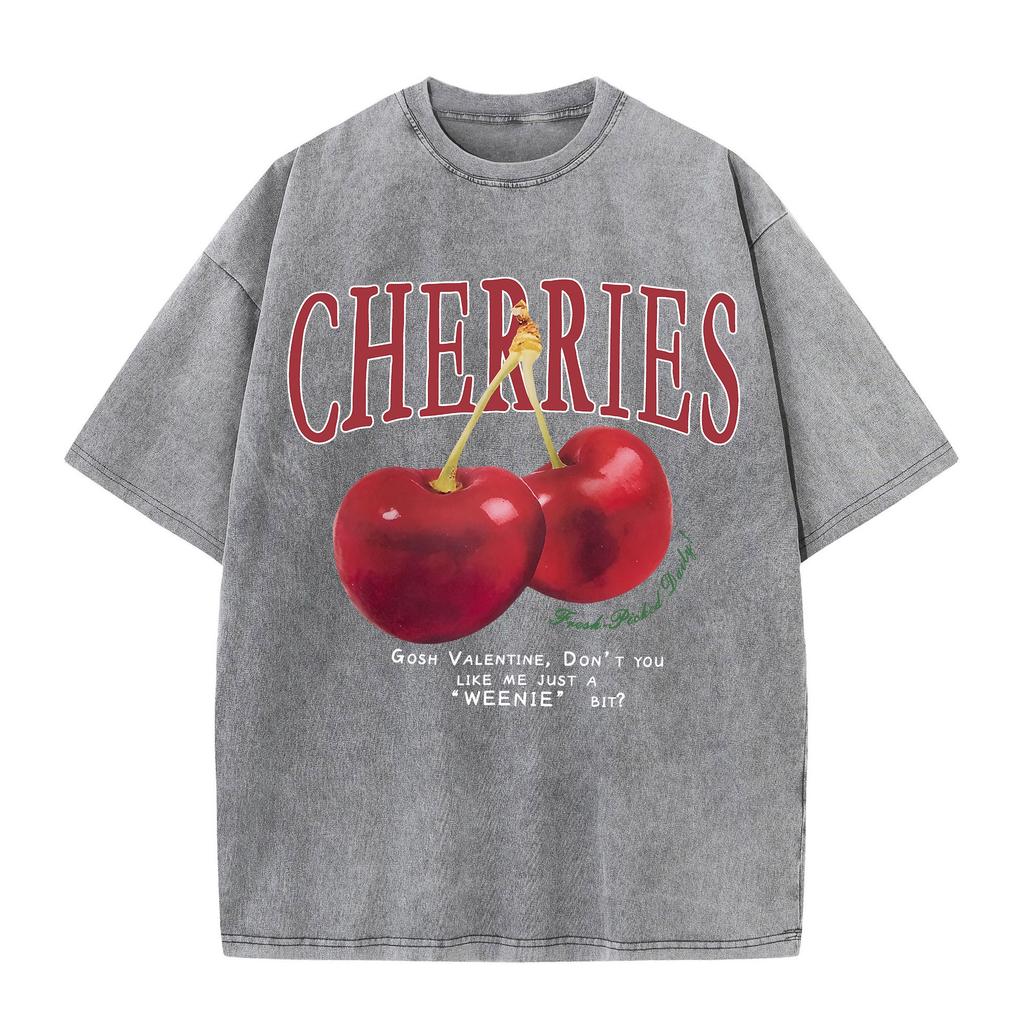 Damen Baumwolle Gewaschene T-Shirts Trend O-Ausschnitt Distressed Tops Frischer Roter Kirschen Druck Kurzarm Sommer Straße Damenkleidung