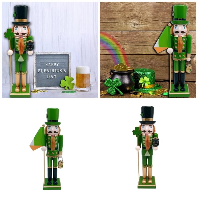 Traditional 38cm Wood Irish Nutcrackers Green Shamrock Soldier Figurines Patricks Day Puppet Home Office Tabletop Decors