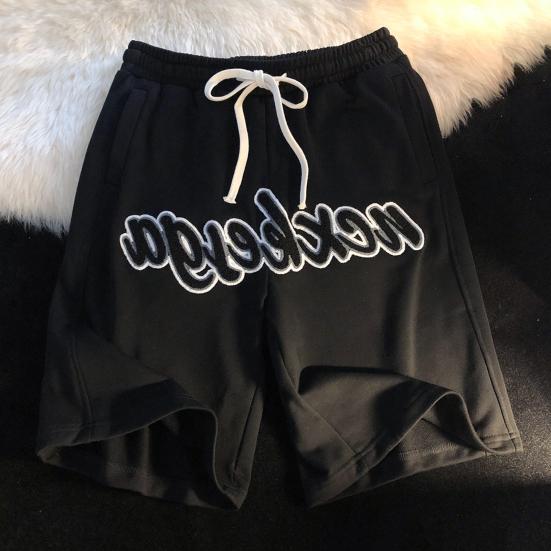Men Casual Shorts Elastic Waist Adjustable Drawstring Straight Wide Leg Sport Shorts with Pockets Street Style Running Shorts