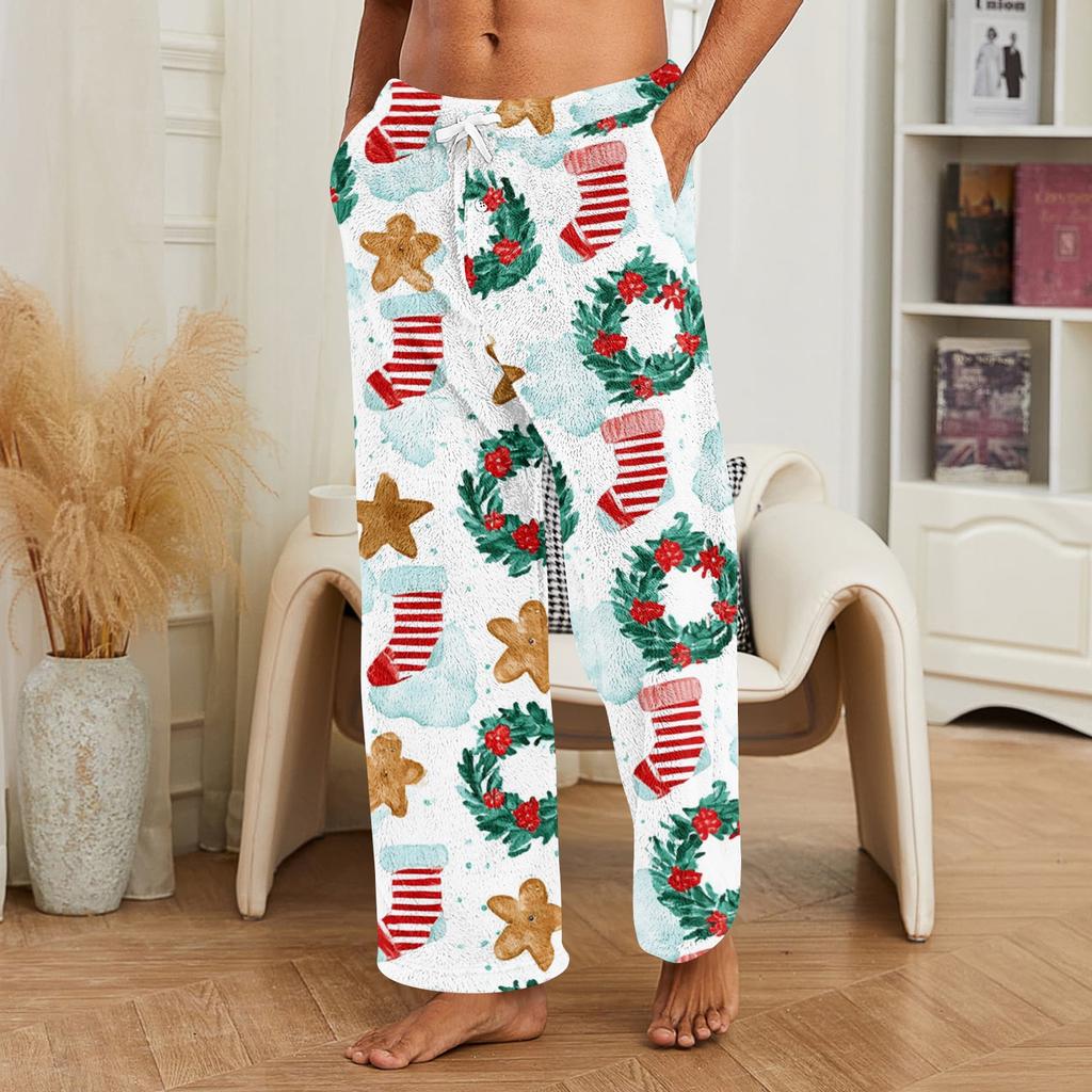 Men's Casual Christmas Print Plush Pajama Pants Sleepwear for Holiday