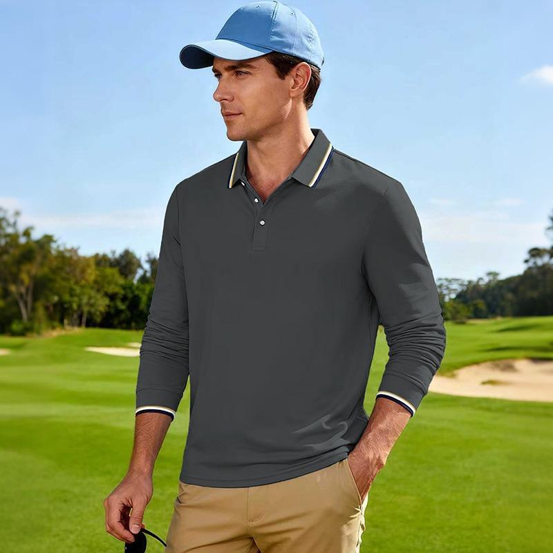 Amerikanischer Stil Locker Langarm Herren Freizeit Atmungsaktiv Einfarbig Golf Poloshirt