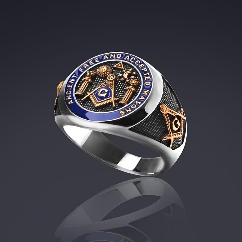 Religious Totem Freemasonry Blue Oil Drop Two-color Ring Men's Ring Batch