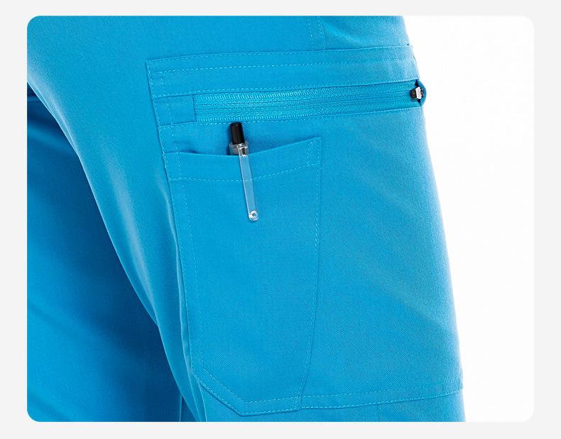 Three-Piece Nurse Scrub Set: V-Neck Jacket, Short-Sleeved Top, Long Pants with Elastic Waist.