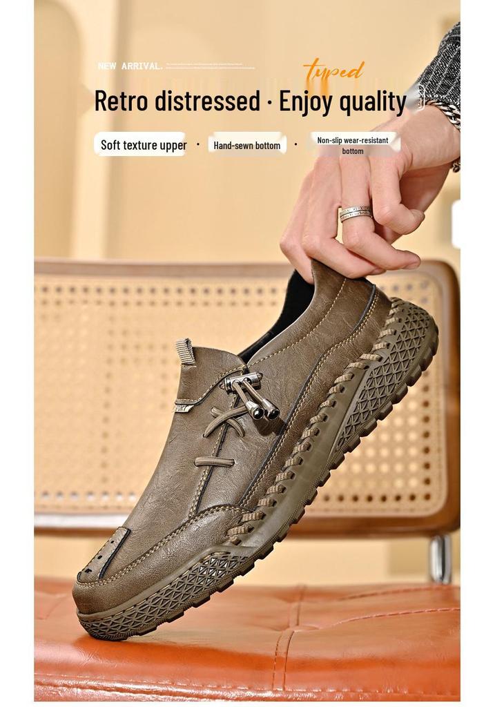 Men's Large Size Leather Slip-on Loafers - Spring & Autumn Fashion, Handmade, Thick-Soled, Casual Stitched Design